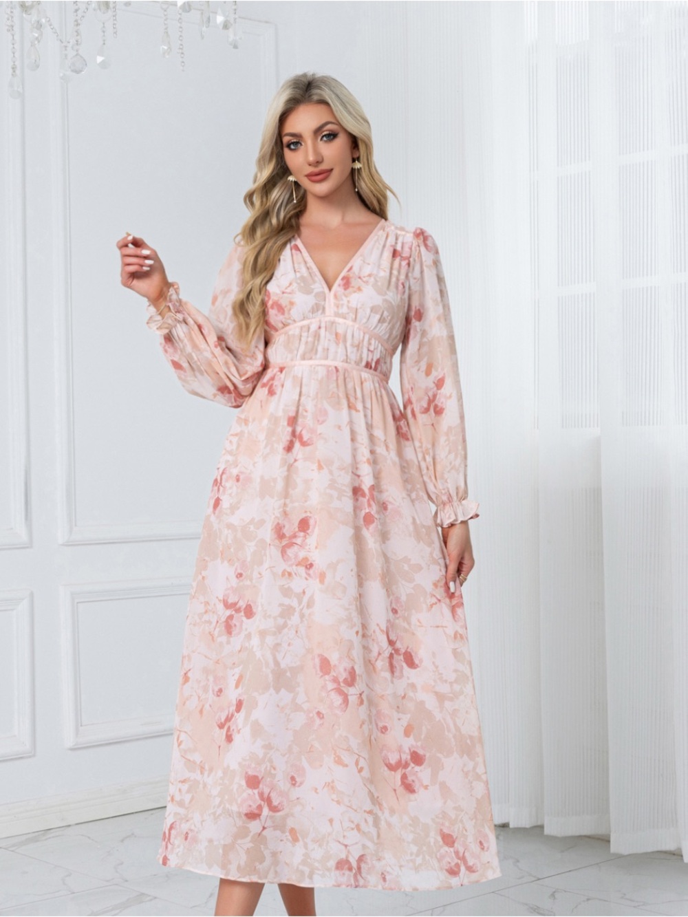 JJs House Blush Pink Floral Long Sleeve V-Neck Maxi Dress
